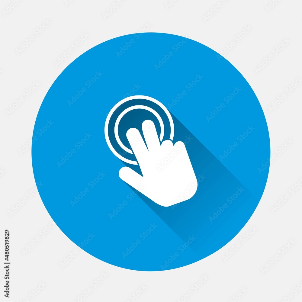 Poster vector icon hand presses clicks on the button icon on blue background. flat image with long shadow. 