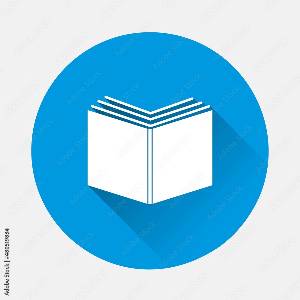 Poster vector icon of an open book icon on blue background. flat image with long shadow. layers grouped for