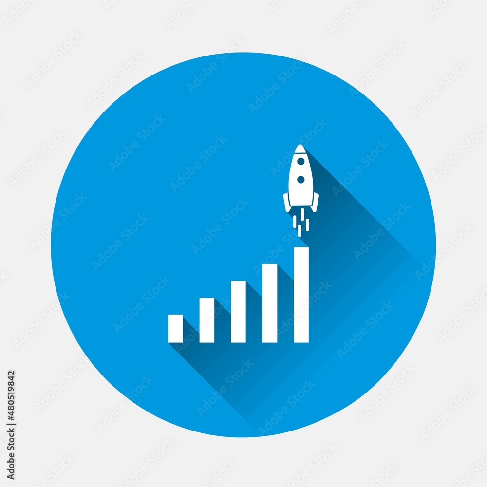 Poster growth graph with rocket. vector business icon schedule icon on blue background. flat image with lon