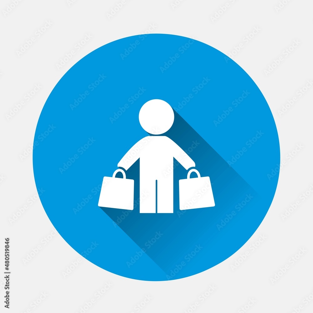 Aufkleber vector icons buyer with purchases icon on blue background. flat image with long shadow. layers group