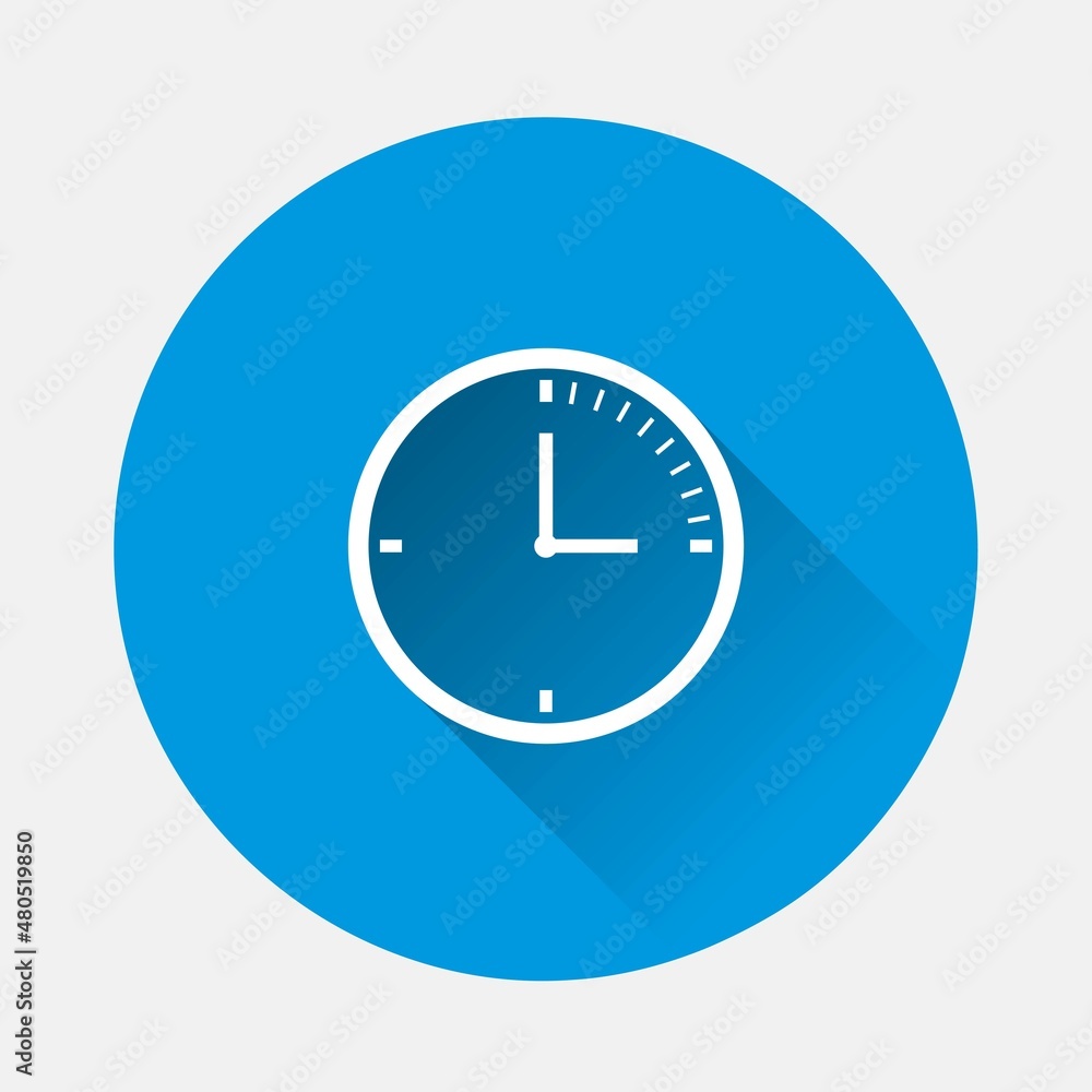 Poster clock icon on blue background. flat image with long shadow. layers grouped for easy editing illustra