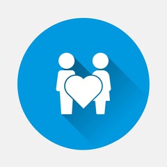 Vector icon friendship and love. Man, woman and heart icon on blue background. Flat image with long shadow. Layers grouped for easy editing illustration. For your design.