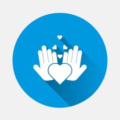 Obraz premium Vector icon of hands holding a heart healthcare symbol icon on blue background. Flat image with long shadow. Layers grouped for easy editing illustration. For your design.