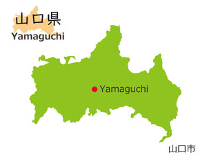 日本の山口県、手描き風のかわいい地図、県庁のある都市