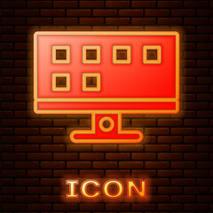Glowing neon Smart Tv icon isolated on brick wall background. Television sign. Vector
