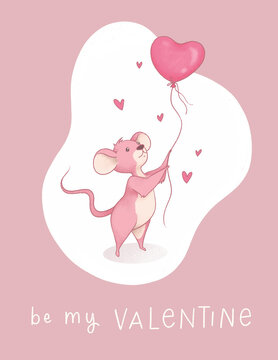 Cute Valentine's Day Card With A Mouse Holding A Heart Balloon Saying Be My Valentine