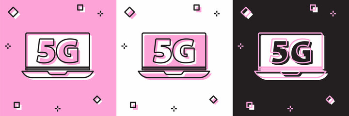 Set Laptop with 5G new wireless internet wifi icon isolated on pink and white, black background. Global network high speed connection data rate technology. Vector