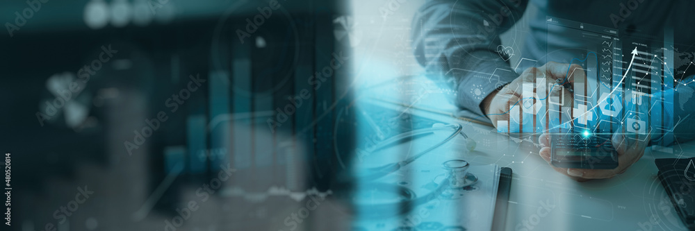 Poster healthcare and medical insurance business virtual graph data and growth with medical financial and d