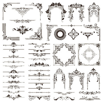 Ornamental design lace borders and corners Vector set art deco floral ornaments elements