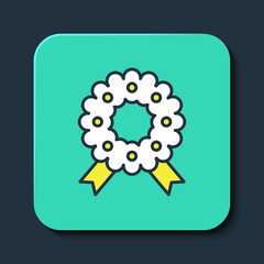 Filled outline Christmas wreath icon isolated on blue background. Merry Christmas and Happy New Year. Turquoise square button. Vector