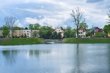 Fototapeta na wymiar cityscape of Kaliningrad with pond view