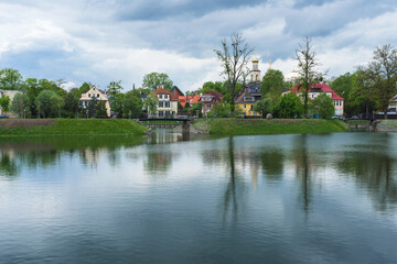 Fototapeta na wymiar cityscape of Kaliningrad with small pond