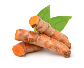 Turmeric (curcumin) rhizomes and leaves isolated on a white background.