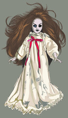 Drawing Katie scary doll, scary face, long hair, art.illustration, vector