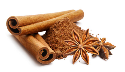 Delicious cinnamon sticks, star anise and powder, isolated on white background