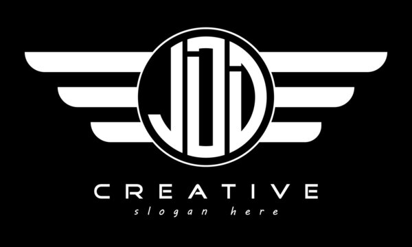 JDD three letter monogram type circle letter logo with wings vector template.