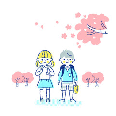 小学生の男女と桜