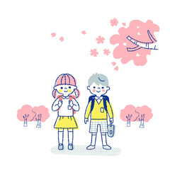 小学生の男女と桜
