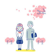 中学生の男女と桜