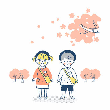 幼稚園児の男女と桜