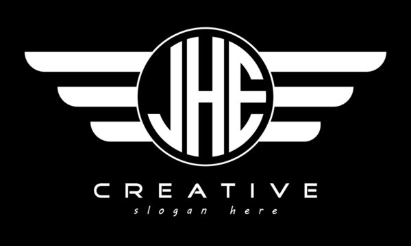 JHE three letter monogram type circle letter logo with wings vector template.
