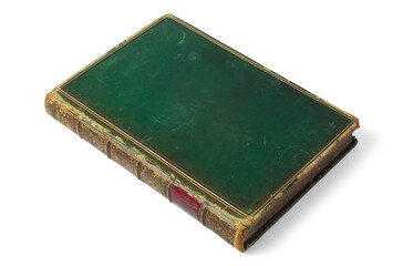 Antique leather-bound book cover with golden border around the edge. Grunge background.
