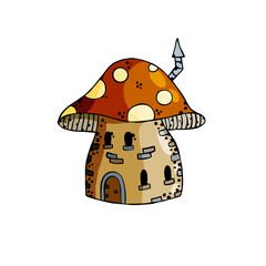 Mushroom house. Fairy tale children drawing. Fabulous natural dwelling. Cute cartoon illustration