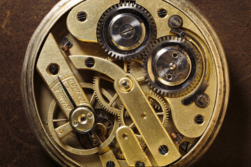 Clockwork old pocket watch. Macro shot. Vintage swiss clockwork mechanism