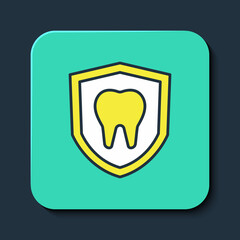 Filled outline Dental protection icon isolated on blue background. Tooth on shield logo. Turquoise square button. Vector