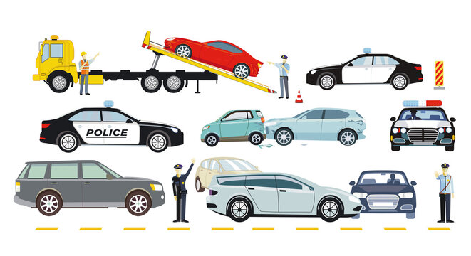 Autos auf Abschleppwagen mit Polizei, isoliert auf weißem Hintergrund. –  Illustration