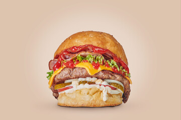 Fresh tasty burger on orange pastel background