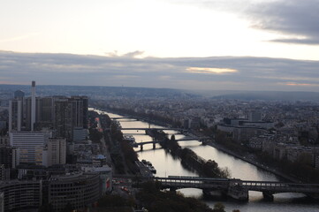 Aerial view and panorama of Paris, the capital of France before dusk