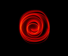 Light wave trail path, vibrant neon gold color in abstract swirls on a black background