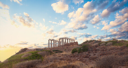Greece Cape Sounio. Ruins of an ancient temple of Poseidon, Greek god of the sea