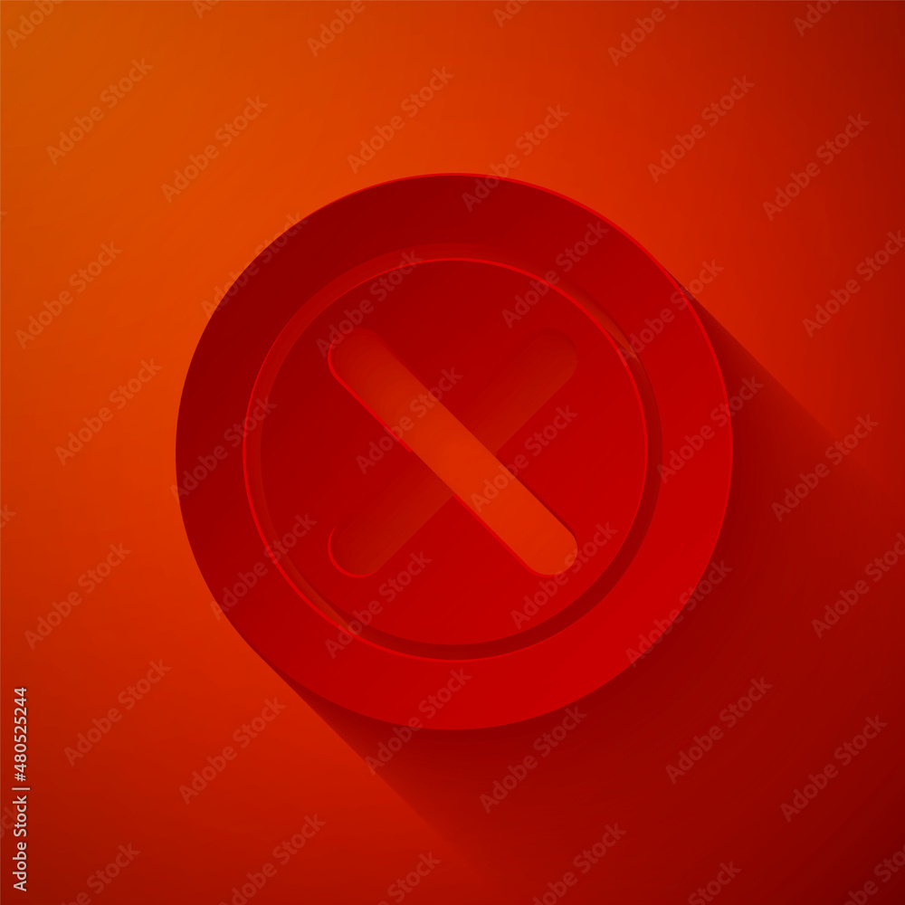 Poster paper cut x mark, cross in circle icon isolated on red background. check cross mark icon. paper art 