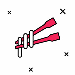 Filled outline Food chopsticks with noodles icon isolated on white background. Wooden Korean sticks for Asian dishes. Oriental utensils. Vector