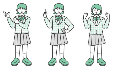 ポーズをとる女子学生の全身イラスト素材セット