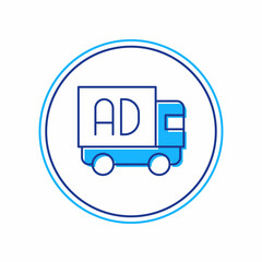 Filled outline Advertising on truck icon isolated on white background. Concept of marketing and promotion process. Responsive ads. Social media advertising. Vector