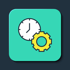 Filled outline Time management icon isolated on blue background. Clock and gear sign. Productivity symbol. Turquoise square button. Vector