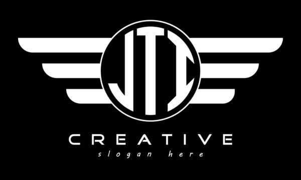 JTI three letter monogram type circle letter logo with wings vector template.