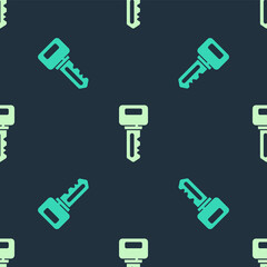 Green and beige House key icon isolated seamless pattern on blue background. Vector