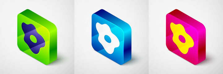 Isometric Scrambled eggs icon isolated on grey background. Home cooked food, fried egg, healthy breakfast, omelet icon. Square button. Vector