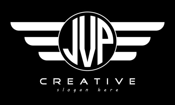 JVP three letter monogram type circle letter logo with wings vector template.
