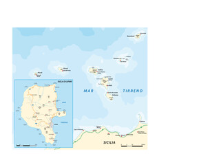 road map of Lipari Island and Aeolian Islands, Sicily, Italy