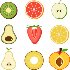Vector of fresh fruit cut in half, cross section. Set of cute icon collection apple, pear kiwi pineapple avocado strawberry