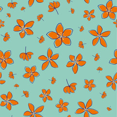 Jasmine floral vector seamless pattern background. Line art hand drawn flower heads, blossom, petals. Tropical color backdrop.Botanical repeat for medicinal healing plant. All over print for wellness
