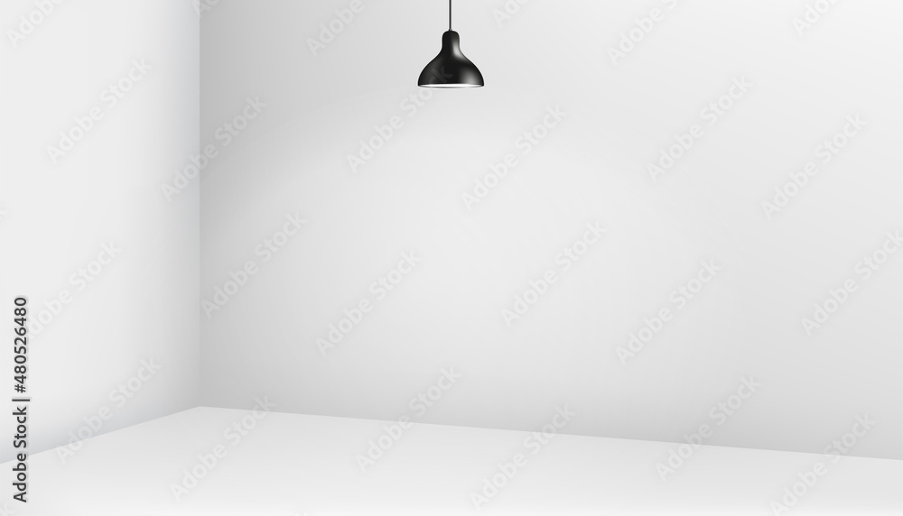 Poster bright studio corner with lamp light. realistic vector illustration