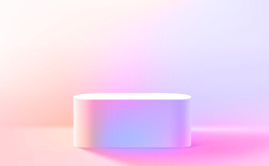 Studio with podium and colorful neon lights. Vector 3d illustration