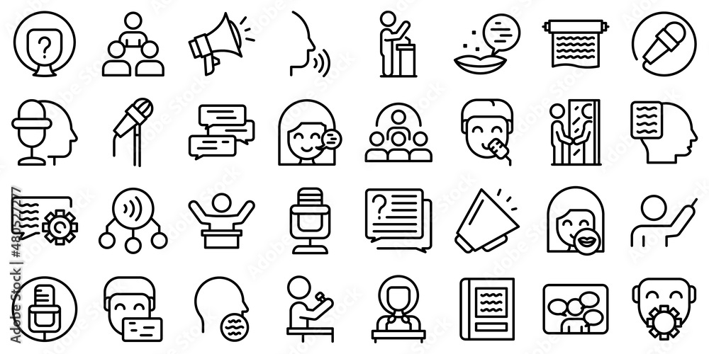 Poster rhetoric icons set outline vector. knowledge lecture