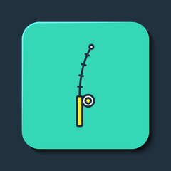 Filled outline Fishing rod icon isolated on blue background. Catch a big fish. Fishing equipment and fish farming topics. Turquoise square button. Vector